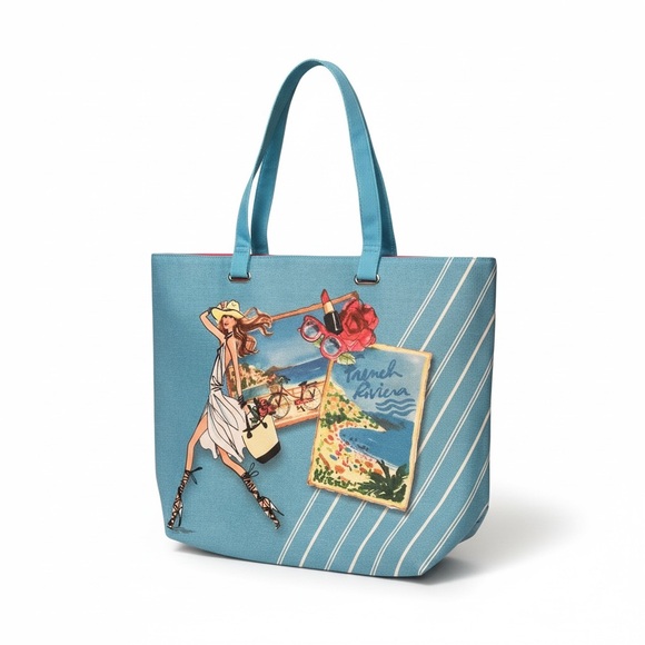 Lancôme Blue Large Tote with French Riviera Girl Graphic Design Beach Rose